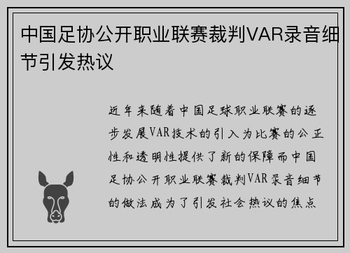 中国足协公开职业联赛裁判VAR录音细节引发热议
